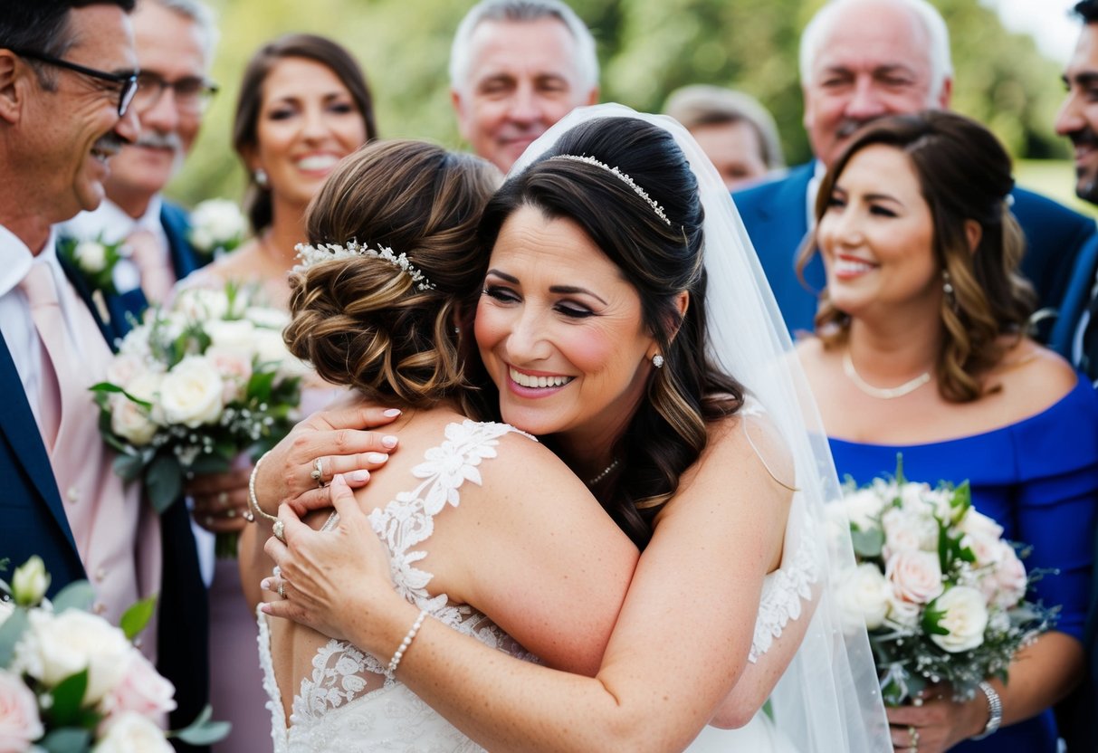 A mother embraces a bride-to-be, smiling with tears in her eyes, surrounded by family and friends, expressing love and support