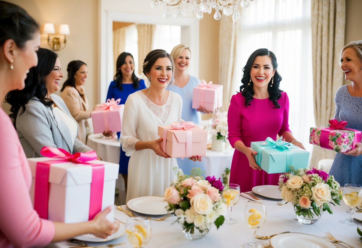 Guests bringing gifts to a bridal shower. Tables set with wrapped presents, flowers, and elegant decor. Excited chatter and laughter fill the room