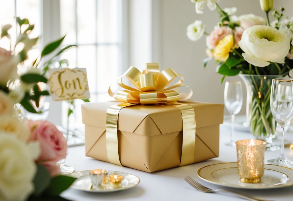 A beautifully wrapped gift sits on a table at a wedding shower, surrounded by flowers and elegant decorations