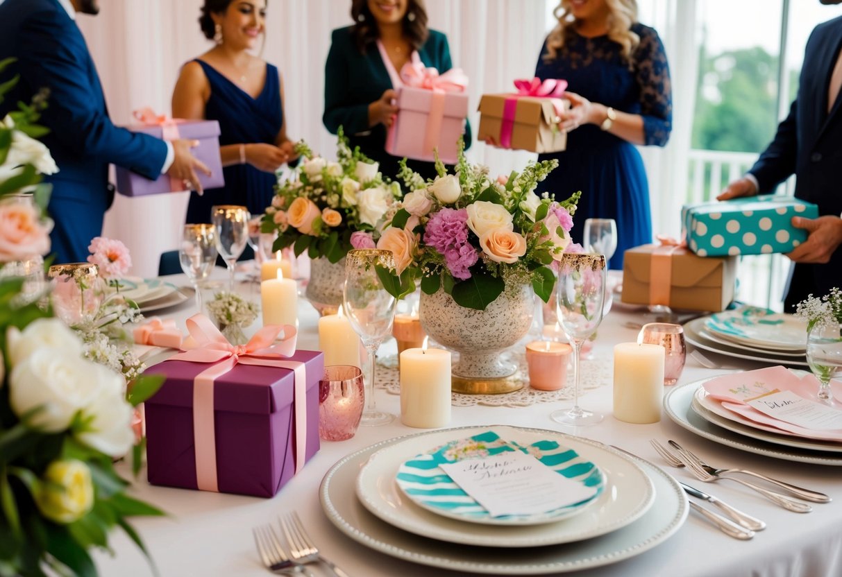 A table adorned with bridal shower decorations, including flowers, candles, and themed centerpieces. Guests are bringing gifts and wrapped packages