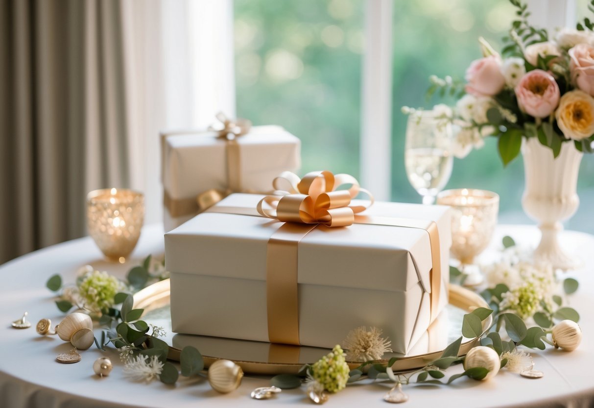 A beautifully wrapped gift sits on a table surrounded by elegant decorations and flowers, ready to be presented at a bridal shower