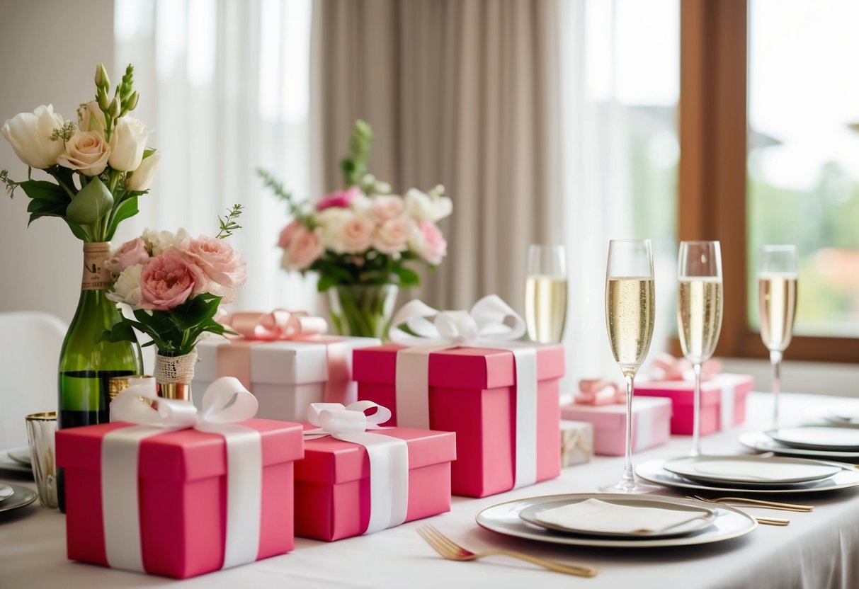 A table set with gifts, flowers, and champagne glasses for a bridal shower