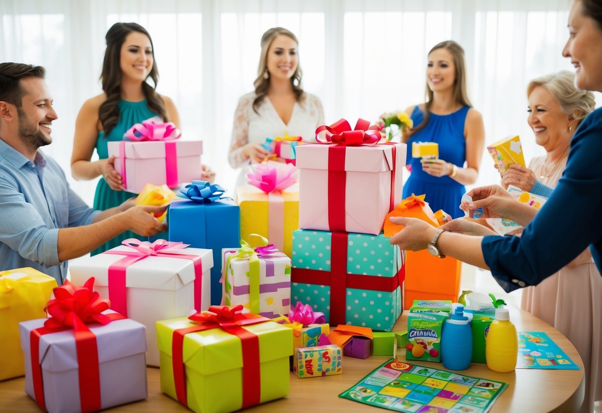 Guests bringing gifts, games, and activities to a bridal shower. Items include wrapped presents, party games, and supplies for crafts and activities