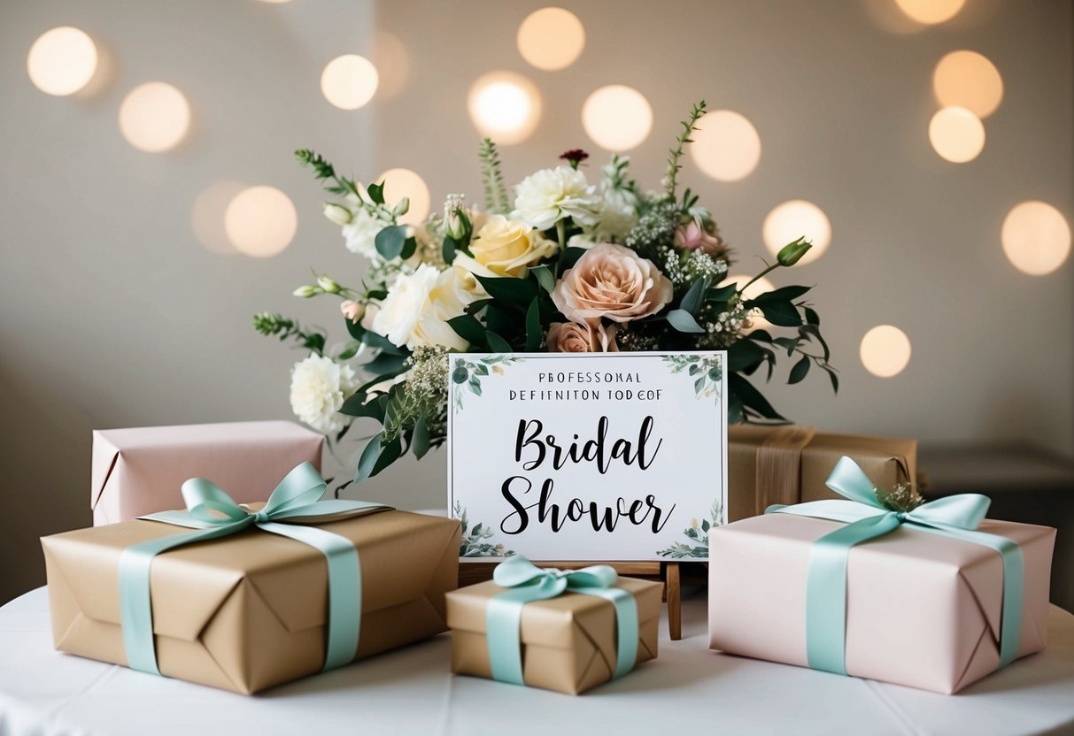 A table with wrapped gifts, floral decorations, and a sign indicating a bridal shower