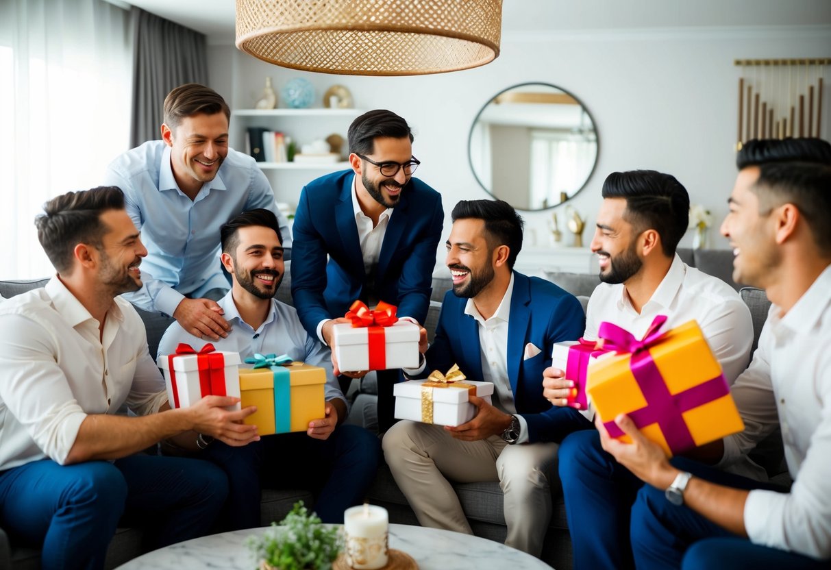A group of men gather in a stylish living room, holding gifts and laughing as they celebrate the upcoming wedding