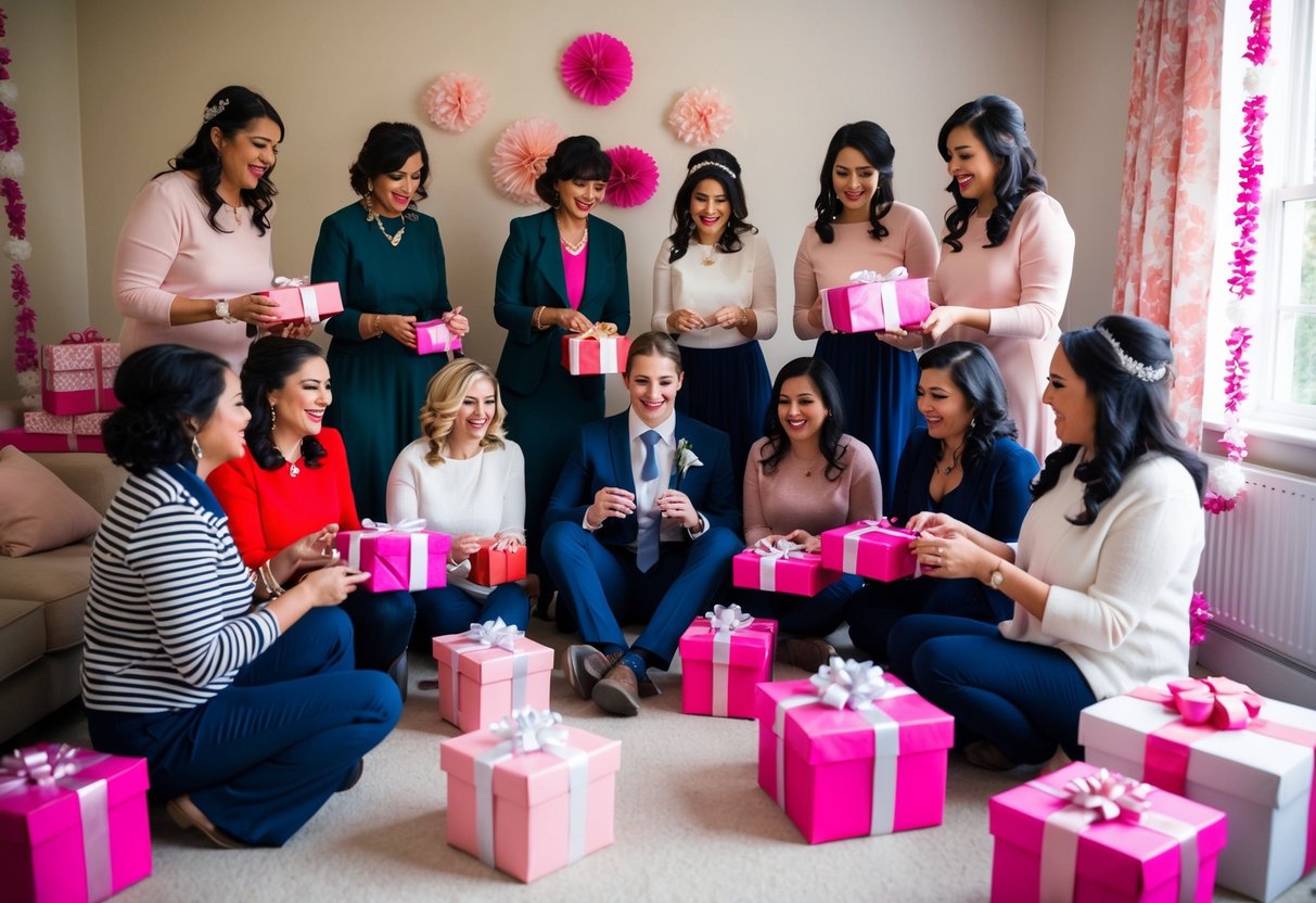A group of women gather in a decorated room, opening gifts and playing games. A lone groom sits awkwardly in the corner, surrounded by pink and white decorations