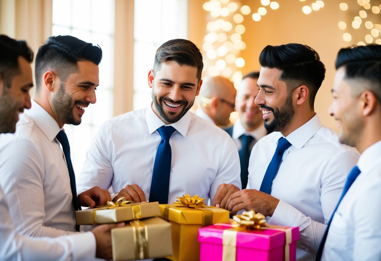A group of grooms laughing and chatting while opening gifts at a bridal shower