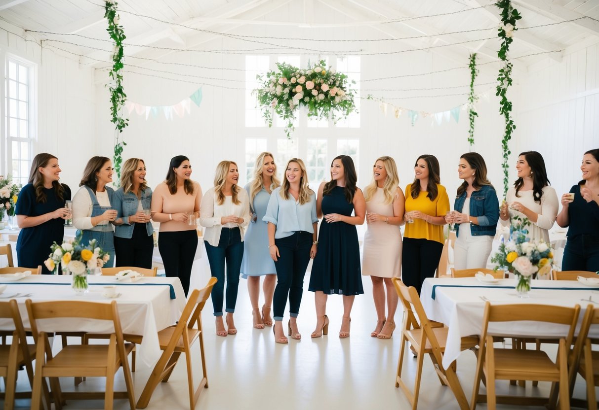 A group of women in casual attire gather in a bright, airy space decorated with flowers and streamers. Tables are set with simple, elegant centerpieces