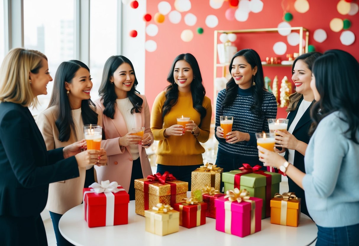 A group of women gather in a decorated space with gifts and refreshments, chatting and celebrating