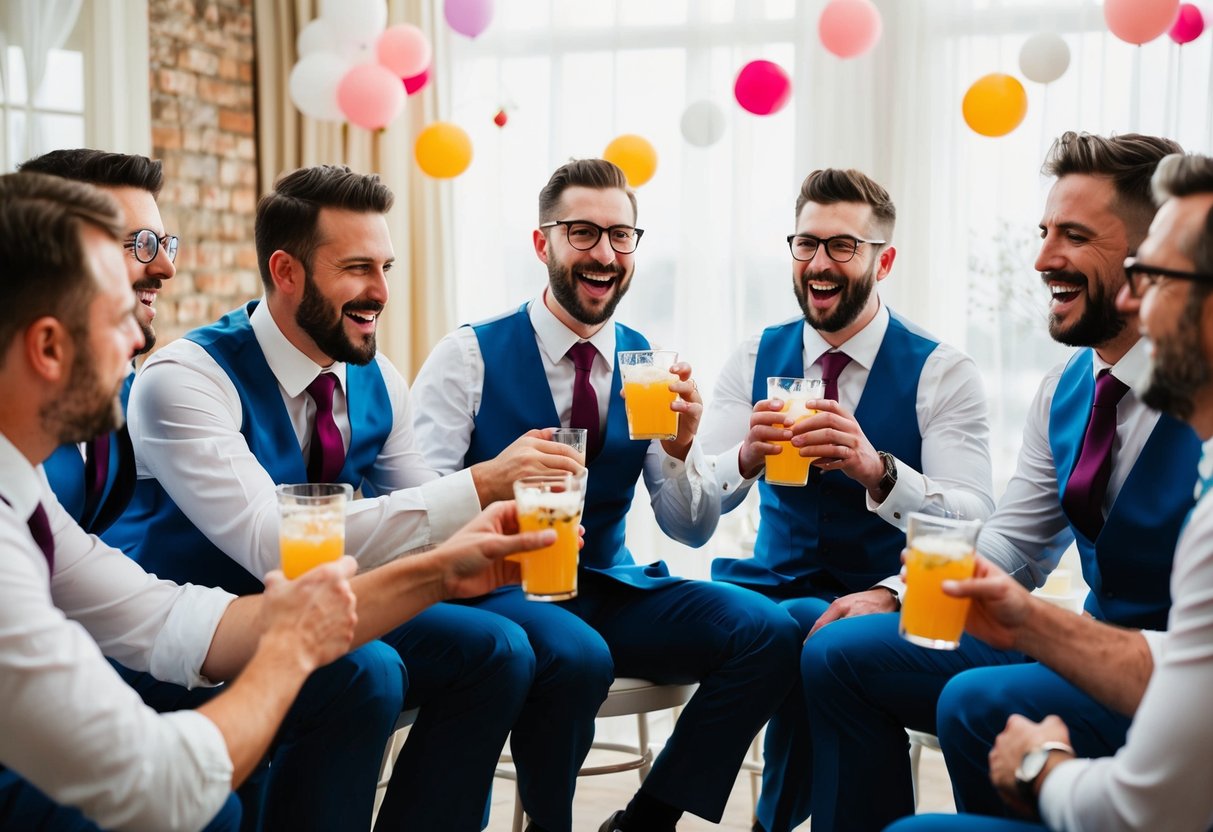 A group of grooms gather at a lively bridal shower, playing games and laughing together while sipping on drinks