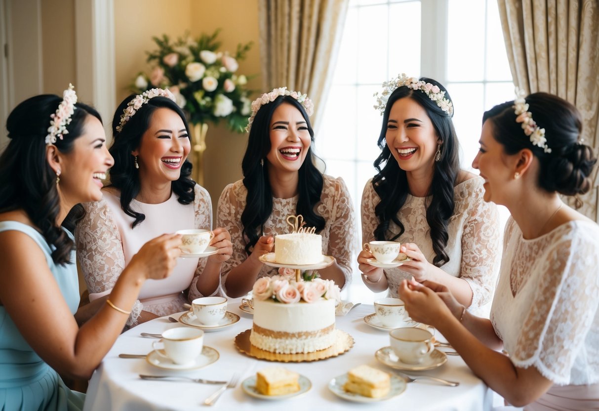 A group of women laughing and chatting over tea and cake at a beautifully decorated bridal shower, with elegant decorations and a warm, inviting atmosphere