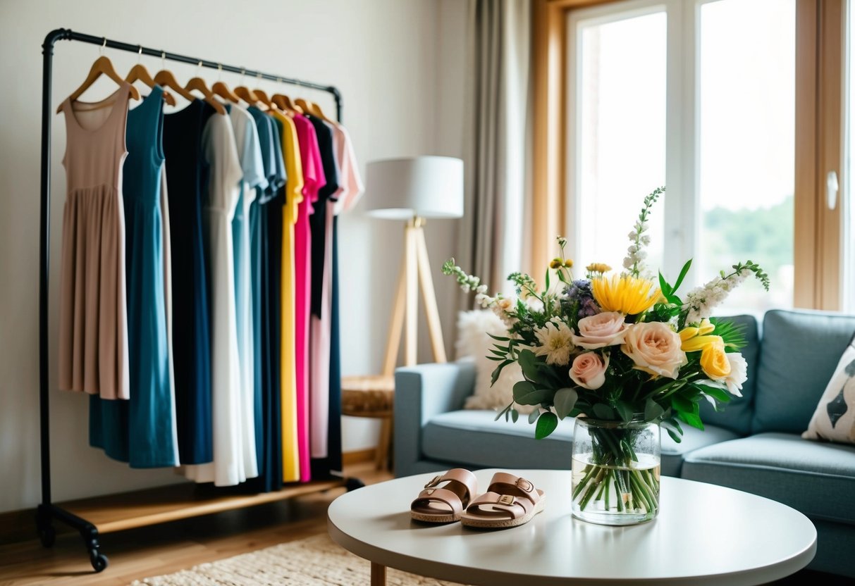 A cozy living room with a rack of casual dresses, a pair of sandals, and a bouquet of flowers on a table