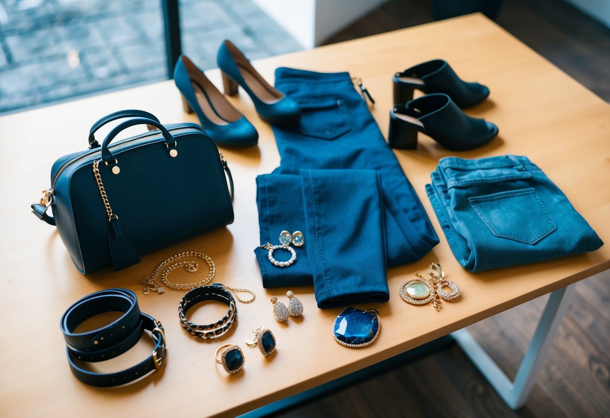 A table with a casual outfit laid out, surrounded by accessories like jewelry, shoes, and a handbag