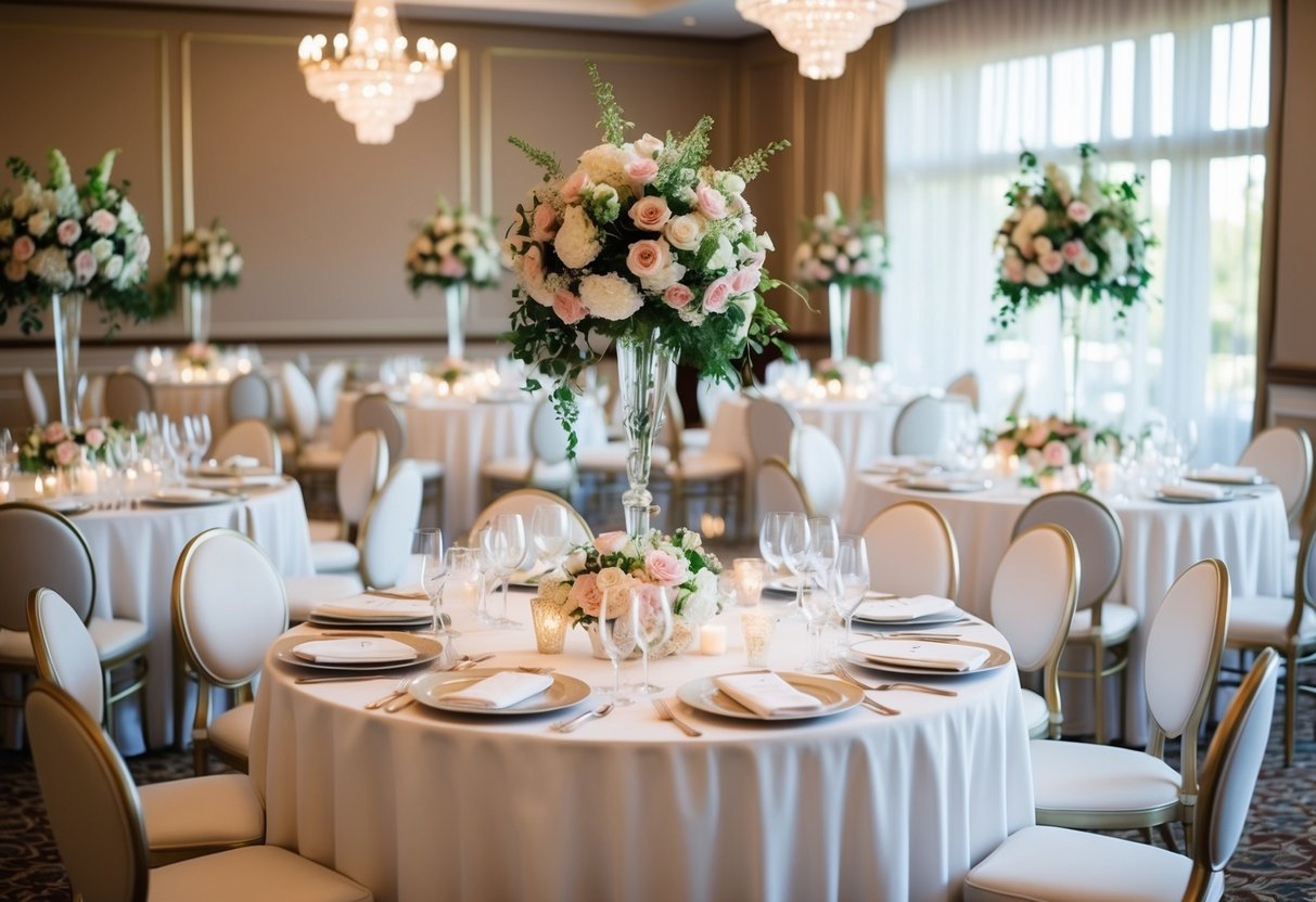 A beautifully decorated bridal shower venue with elegant table settings and floral arrangements, creating an inviting and luxurious atmosphere for guests to enjoy