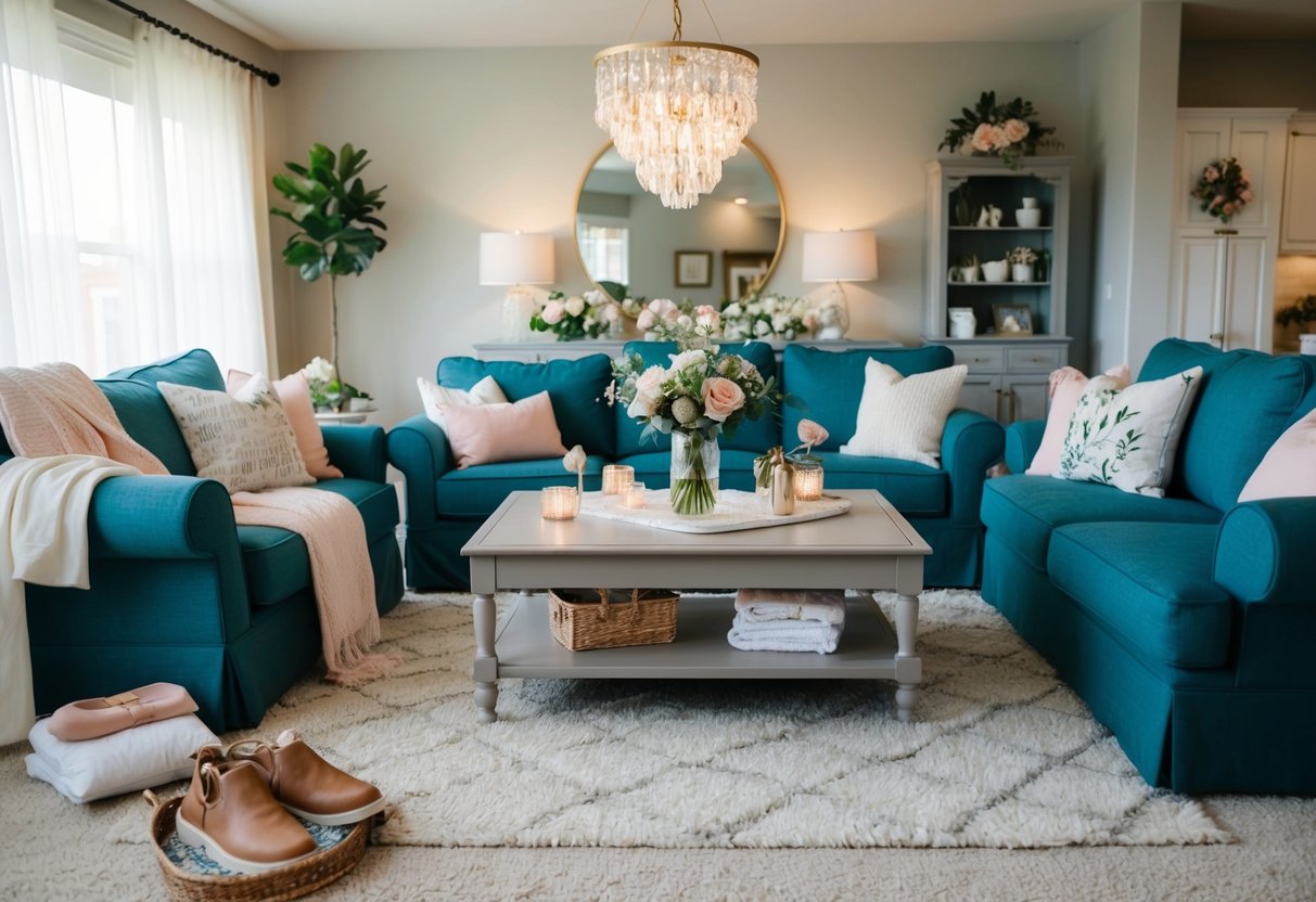 A cozy living room with a table set for a bridal shower, featuring casual, comfortable clothing and accessories scattered around