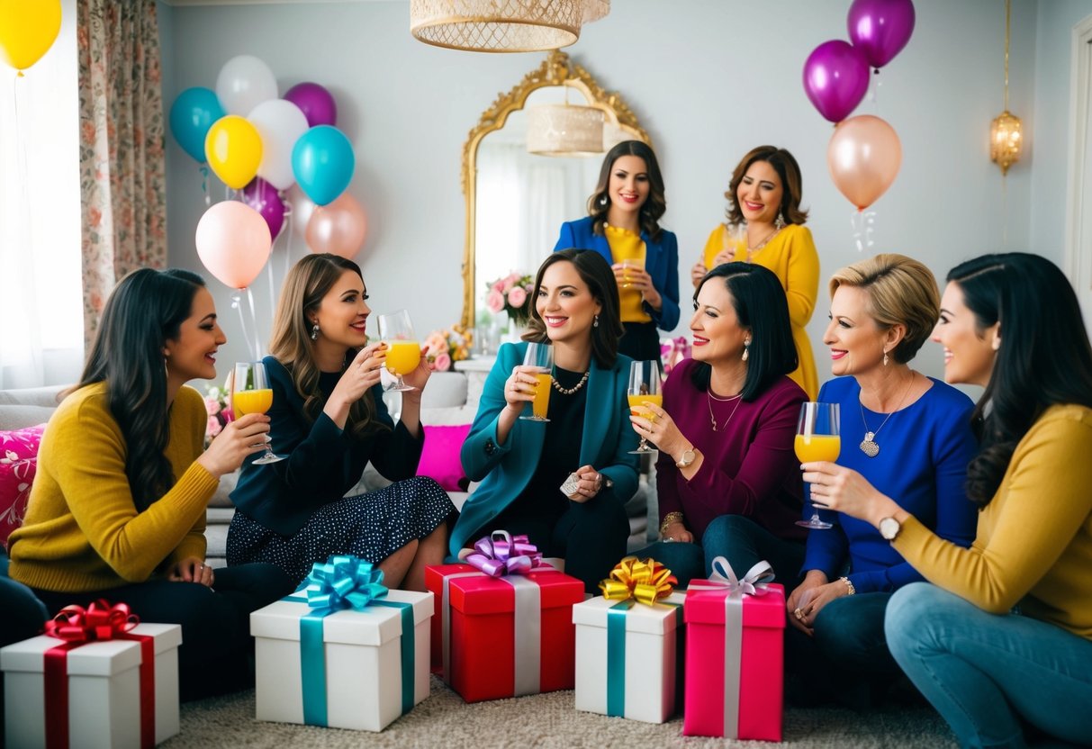 A group of women gathering in a decorated room, sipping drinks and chatting, with presents and balloons scattered around