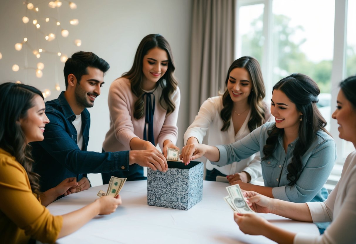 A group of friends gather around a table, placing money into a decorative box as a contribution for the bridal shower