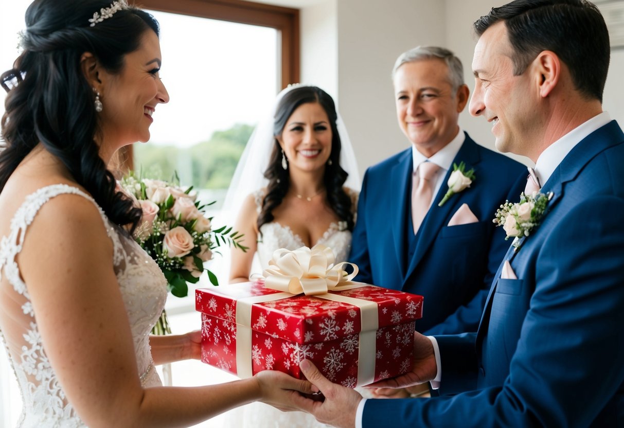 The groom's parents present the bride with a beautifully wrapped gift box