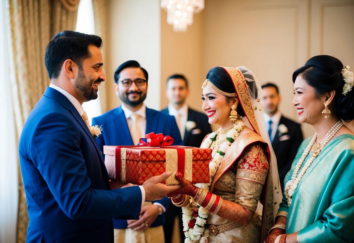The groom's parents present the bride with a traditional gift, symbolizing their acceptance and support of the union