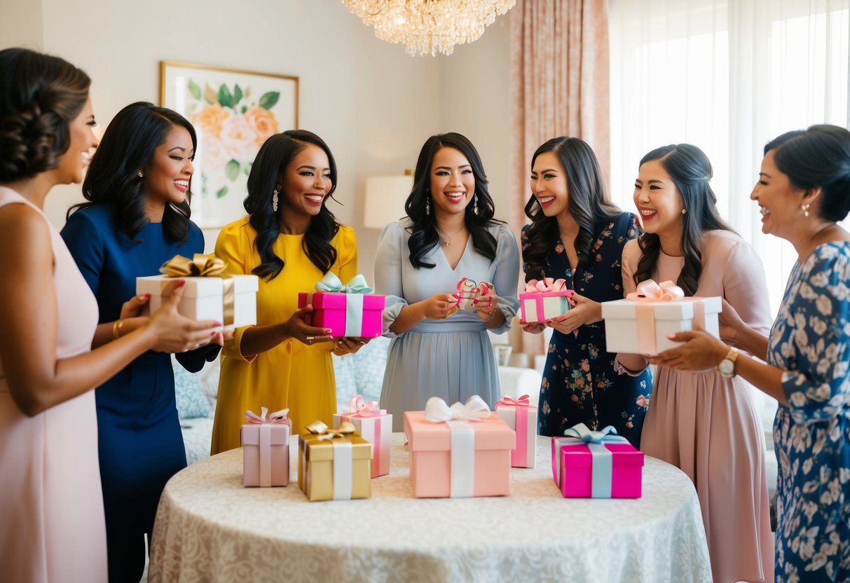 A group of women gather in a decorated room, exchanging gifts and sharing laughter at a bridal shower