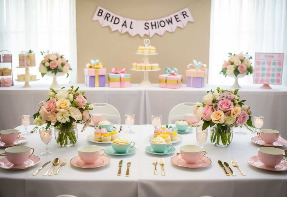 A table set with floral centerpieces, tea cups, and pastel-colored desserts. A banner reads "Bridal Shower" above a display of gifts and games