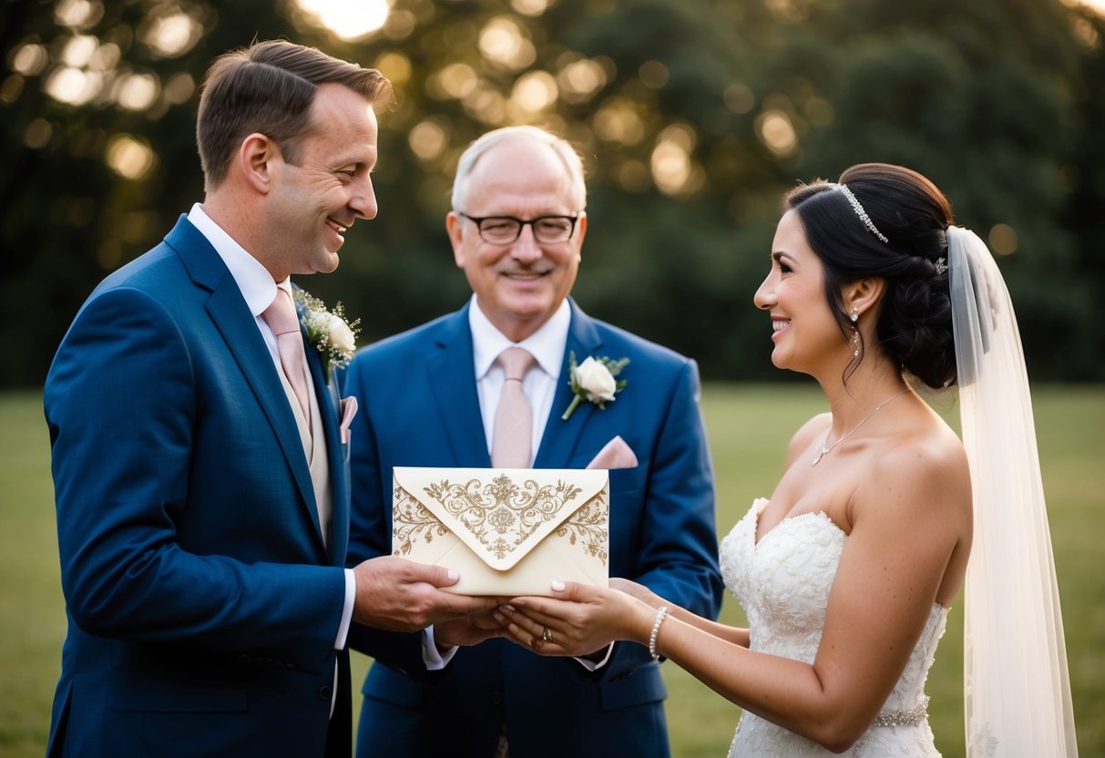 The groom's parents present a decorative envelope to the bride