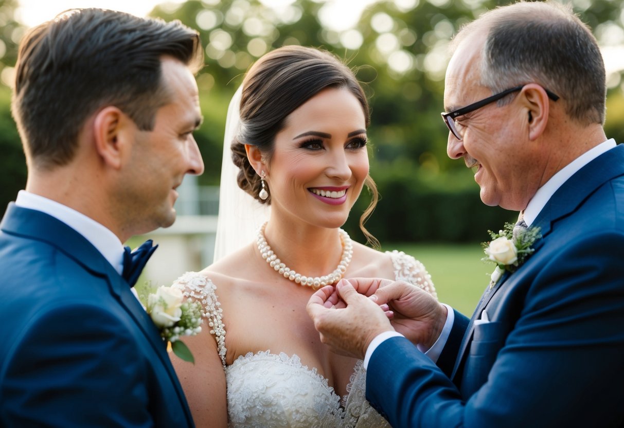 The groom's parents present the bride with a delicate pearl necklace, symbolizing their warm welcome and acceptance into the family