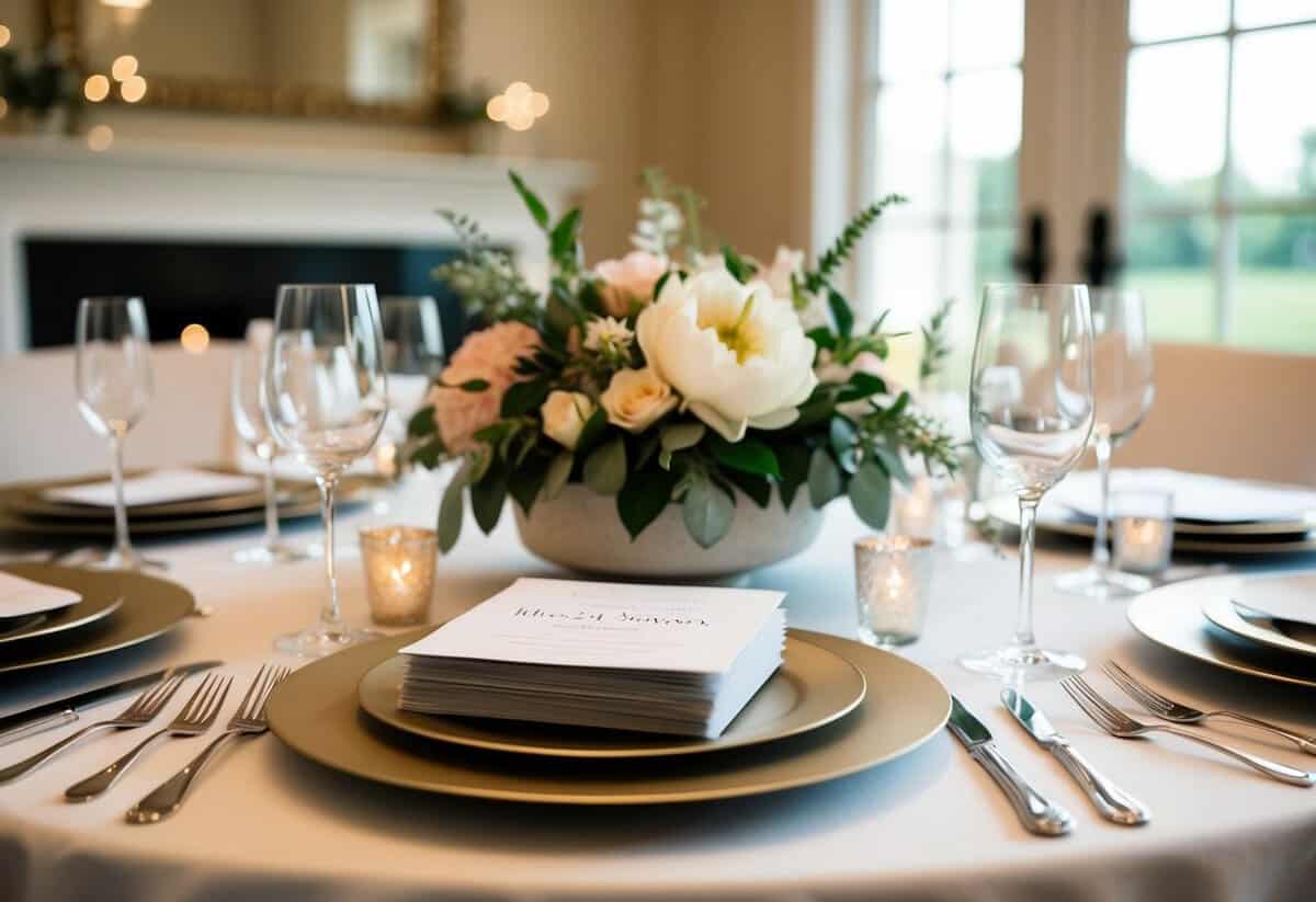 A table set with elegant place settings, a floral centerpiece, and a stack of invitations ready to be sent out for a simple bridal shower