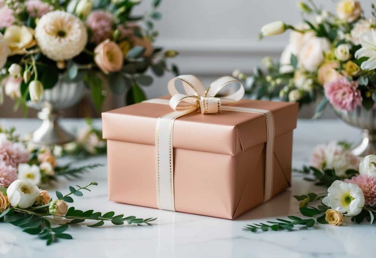 A beautifully wrapped gift box with a delicate bow sits on a table, surrounded by elegant floral arrangements and decorations