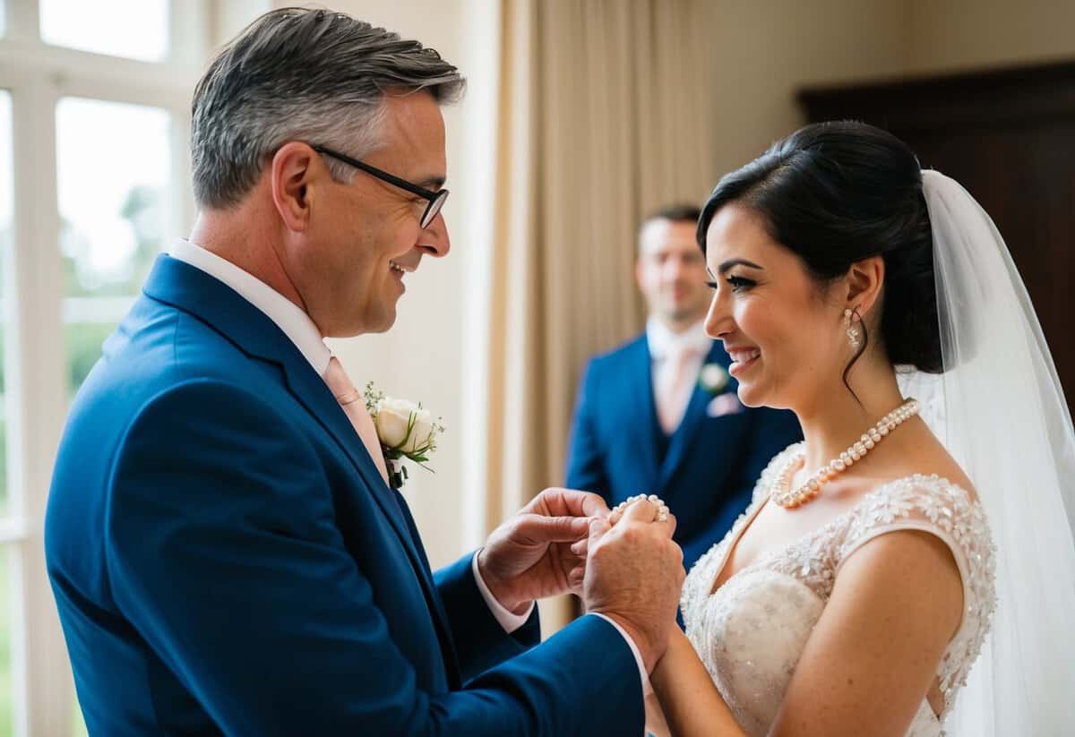 A father presents his daughter with a delicate pearl necklace on her wedding day