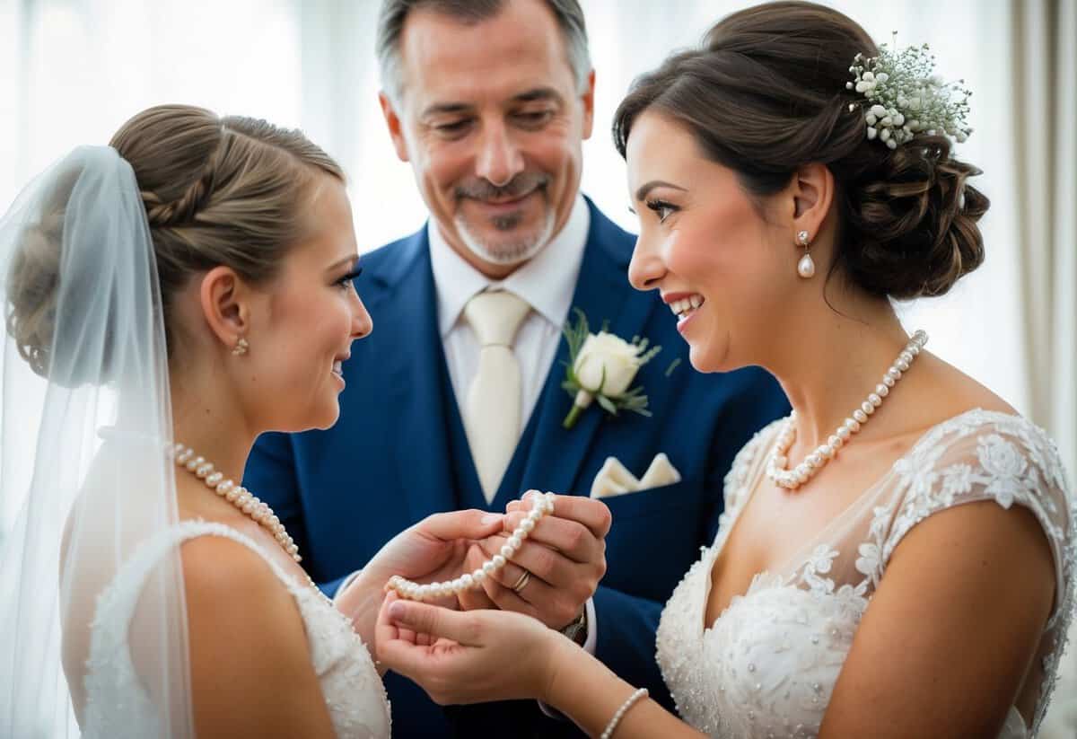 A father presents his daughter with a delicate pearl necklace on her wedding day, symbolizing love and purity