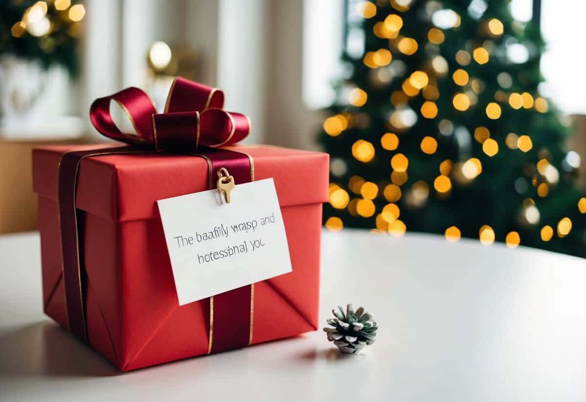 A beautifully wrapped gift box with a ribbon and a personalized note placed on a table