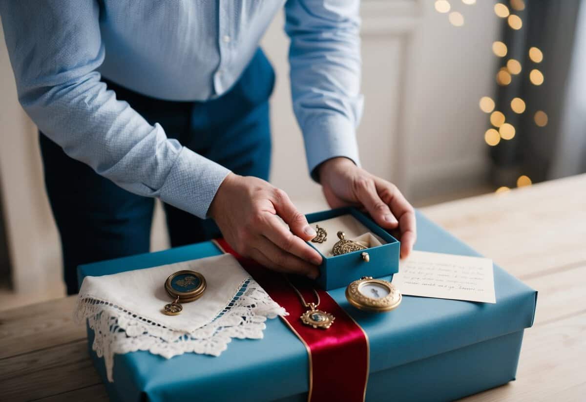 A father carefully arranges a collection of meaningful items, including a delicate lace handkerchief, a vintage locket, and a handwritten note, on a beautifully wrapped gift box