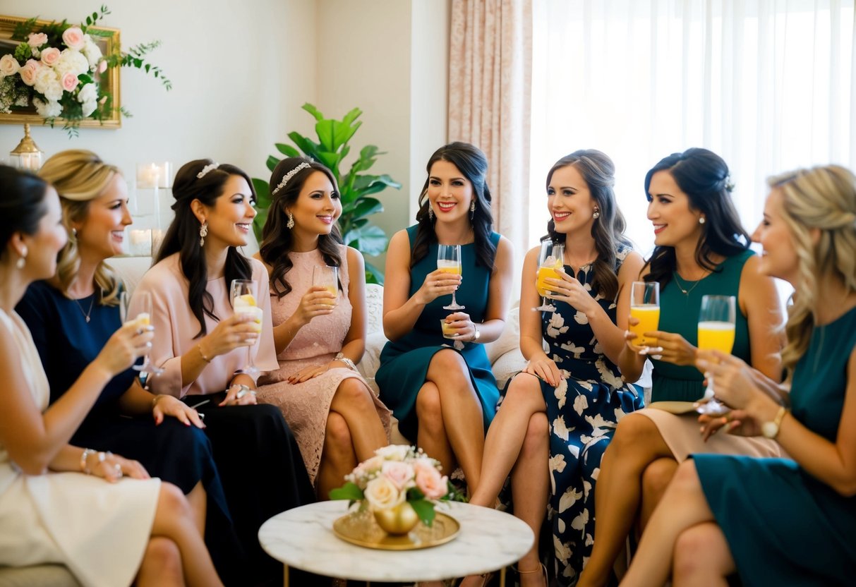 A group of women gathered in a decorated room, sipping drinks and chatting at a bridal shower