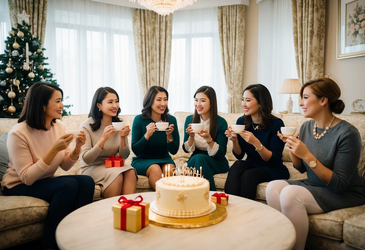 A group of women gather in a tastefully decorated living room, sipping tea and chatting. A table is adorned with gifts and a delicate cake