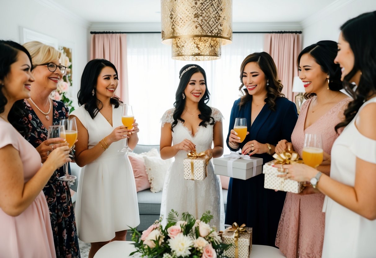 A group of women gather in a decorated room, sipping drinks and chatting, while a bride-to-be opens gifts at her bridal shower
