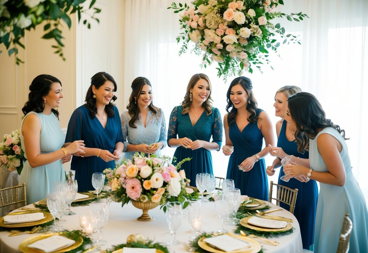 A group of women gather around a beautifully decorated table with floral arrangements and elegant place settings, chatting and laughing as they put the final touches on a bridal shower setup