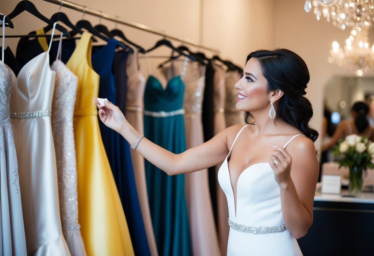 A woman selecting a dress in a boutique, surrounded by elegant gowns and accessories. She is carefully considering her options, with a sense of excitement and anticipation