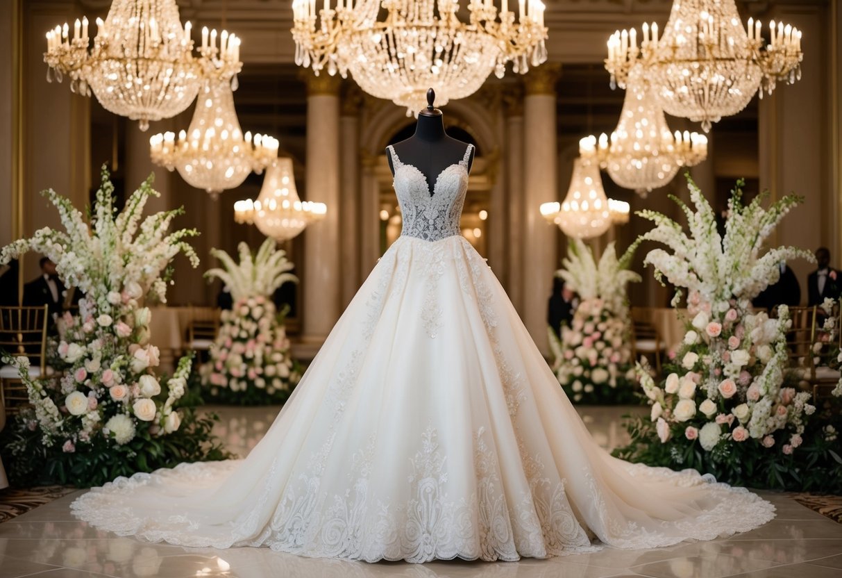 A luxurious bridal gown displayed in a grand, opulent setting, surrounded by sparkling chandeliers and elegant floral arrangements