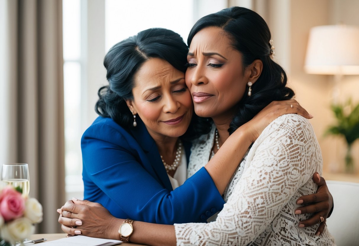 A mother tenderly embraces her daughter, offering emotional support as they discuss wedding plans