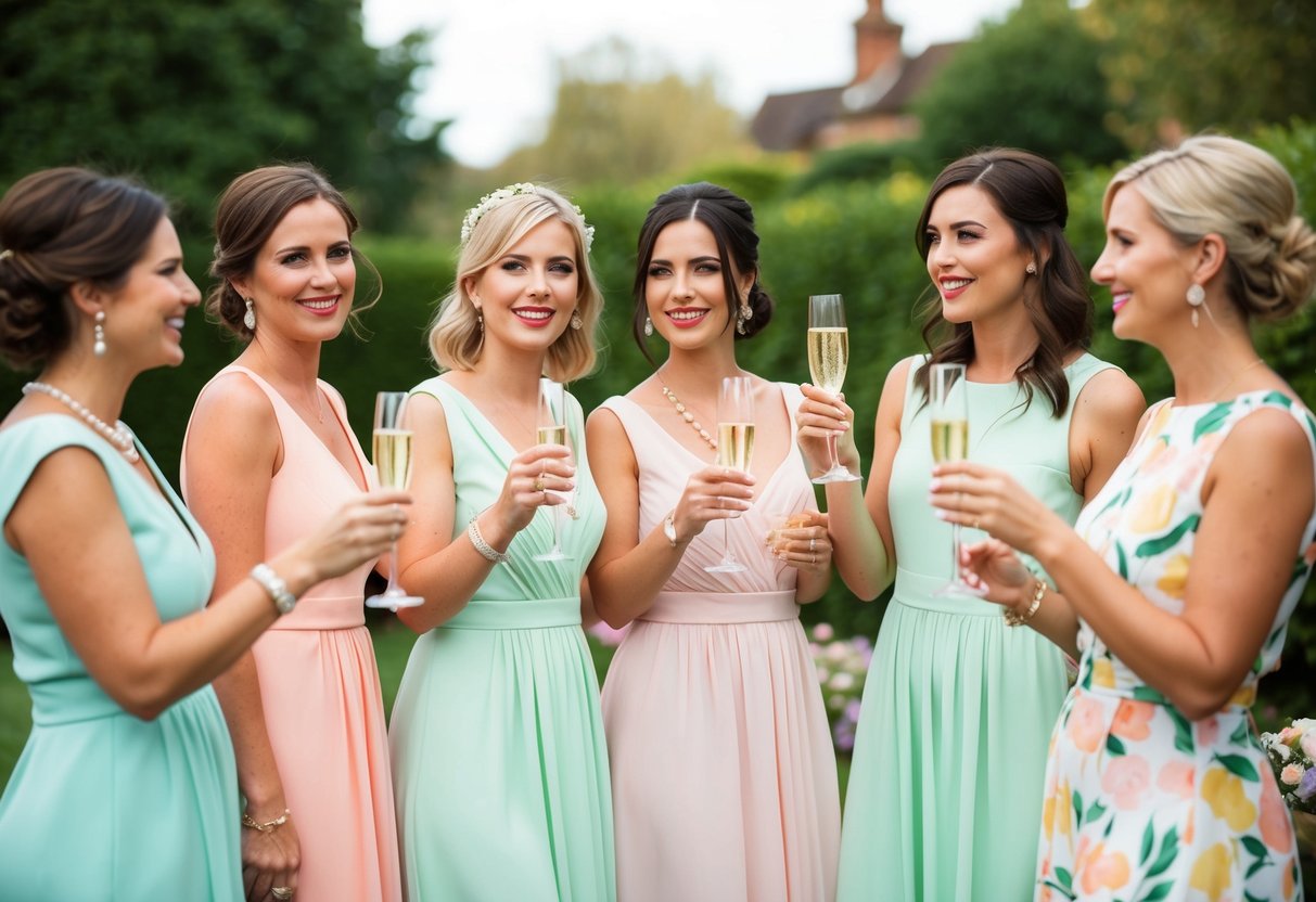 A group of women wearing pastel-colored dresses and sipping champagne at a garden party