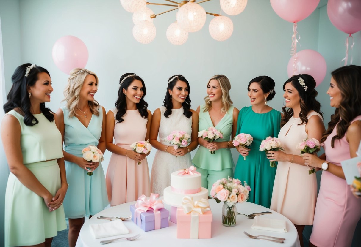 A group of guests at a bridal shower, each wearing a different pastel color outfit, standing around a table with gifts and flowers