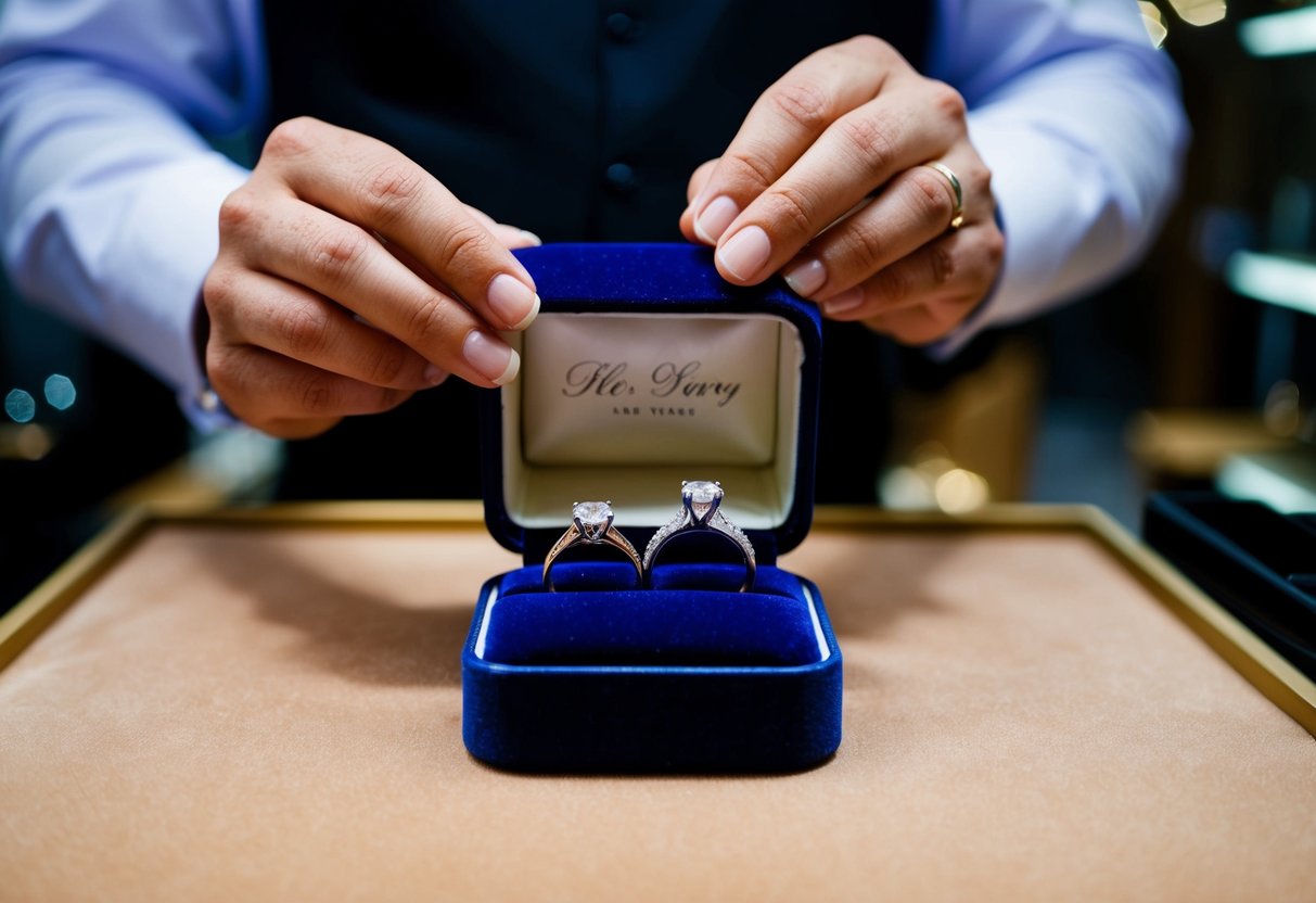 A jeweler presenting wedding rings on a velvet display, with a couple's names engraved inside