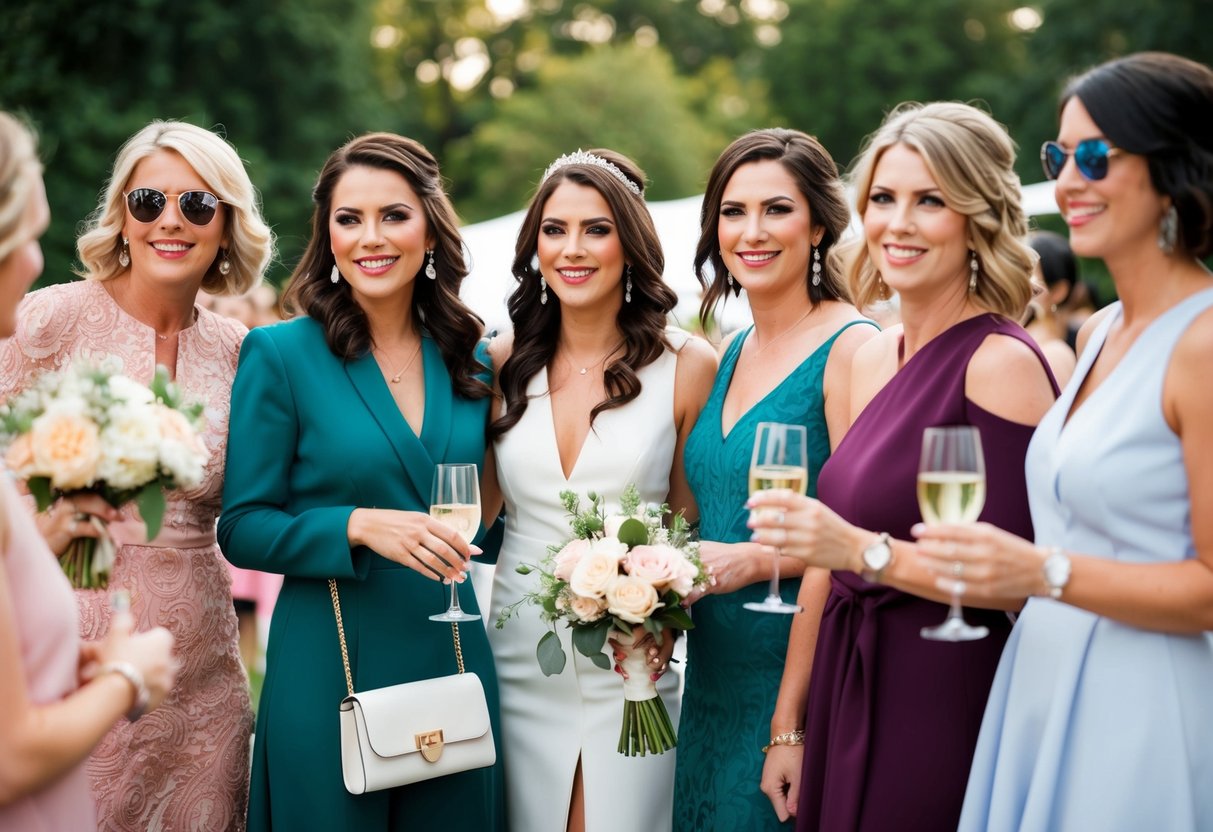 A group of women in stylish outfits at a bridal shower, with a focus on the color of the guest's attire
