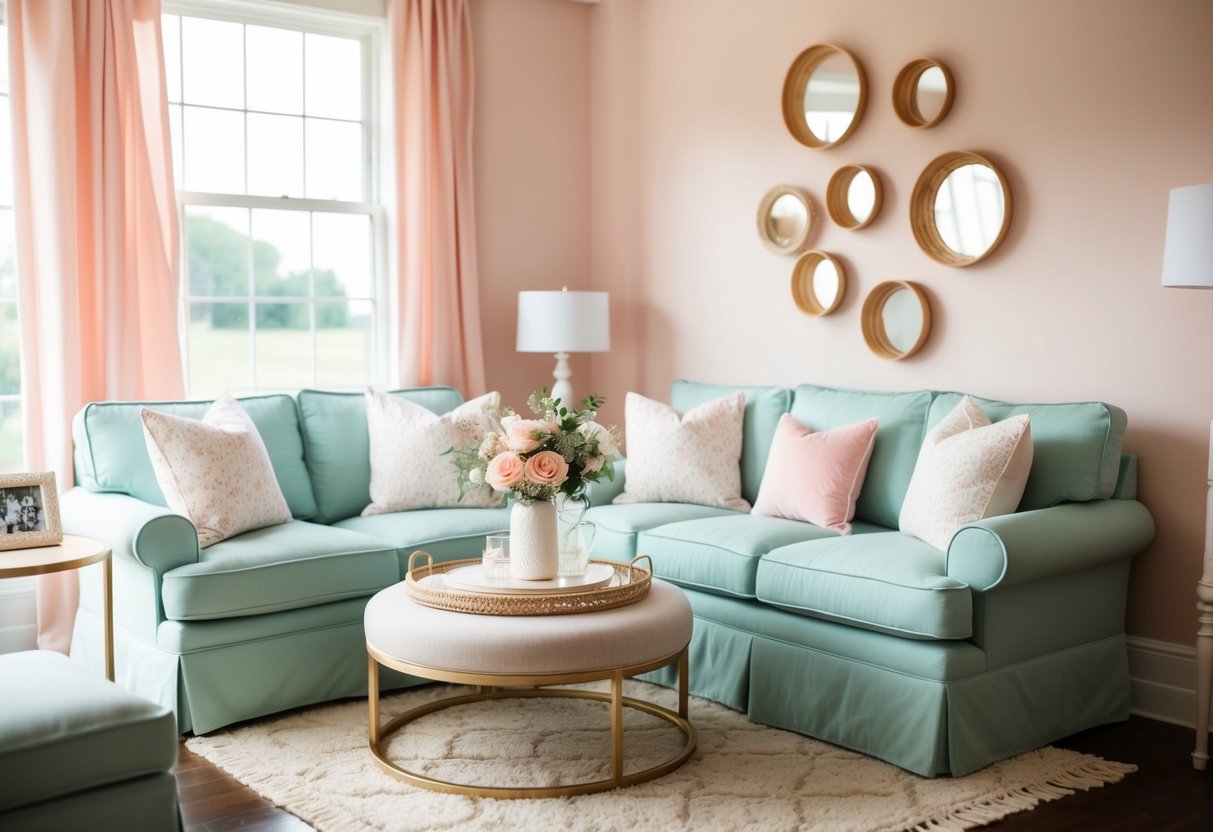 A cozy bridal shower setting with soft pastel colors and comfortable seating