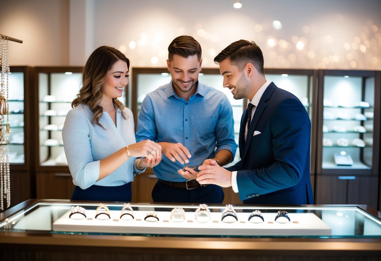 A couple stands at a jewelry store counter, admiring a display of wedding bands. A salesperson assists them in choosing the perfect rings
