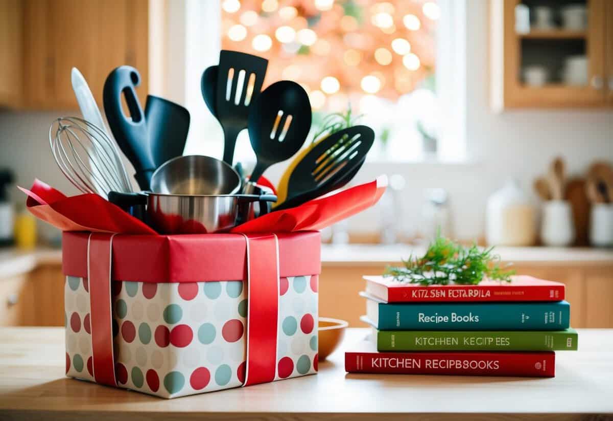 A beautifully wrapped gift box filled with kitchen utensils and recipe books
