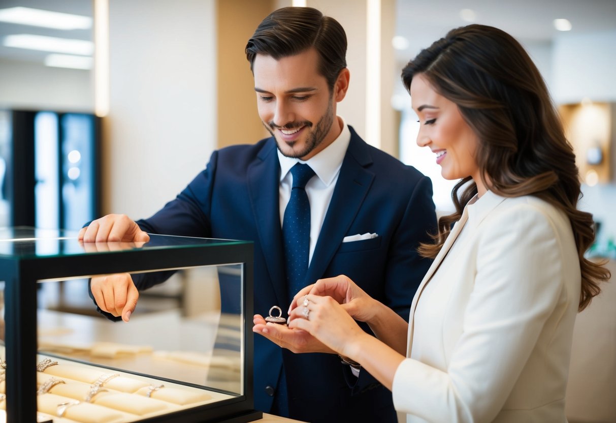 A man and woman standing at a jewelry counter, selecting wedding rings from a display case
