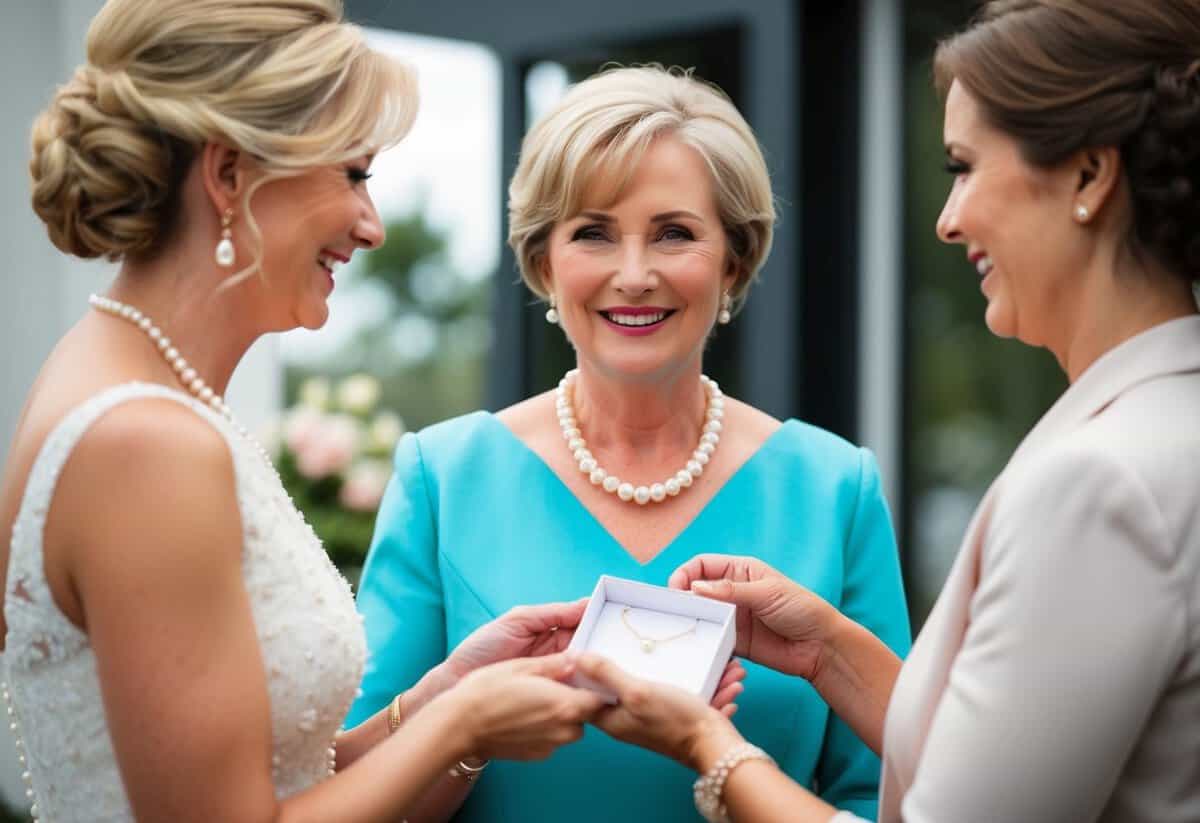 The mother of the groom presents a delicate pearl necklace as a thoughtful shower gift for the bride