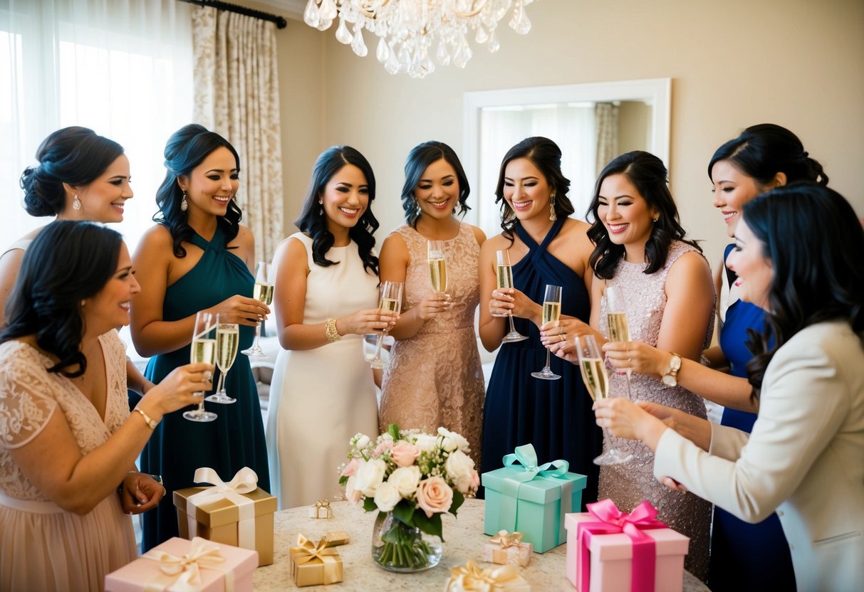 A group of elegantly dressed women gather in a decorated room, sipping champagne and exchanging gifts at a bridal shower